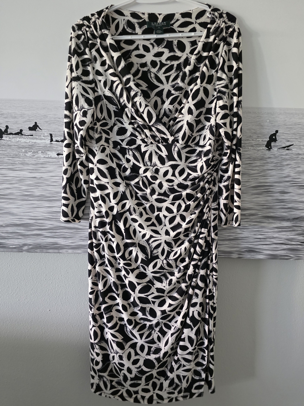 Ralph Lauren Black & Cream Patterned Wrap-Style Midi Dress